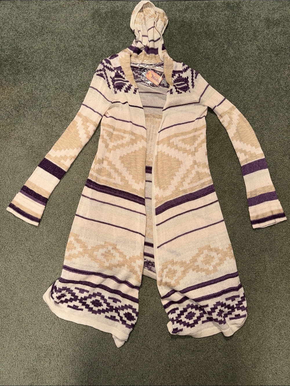 Mudd Hooded Open-Front Cardigan in Cream, Tan and Purple